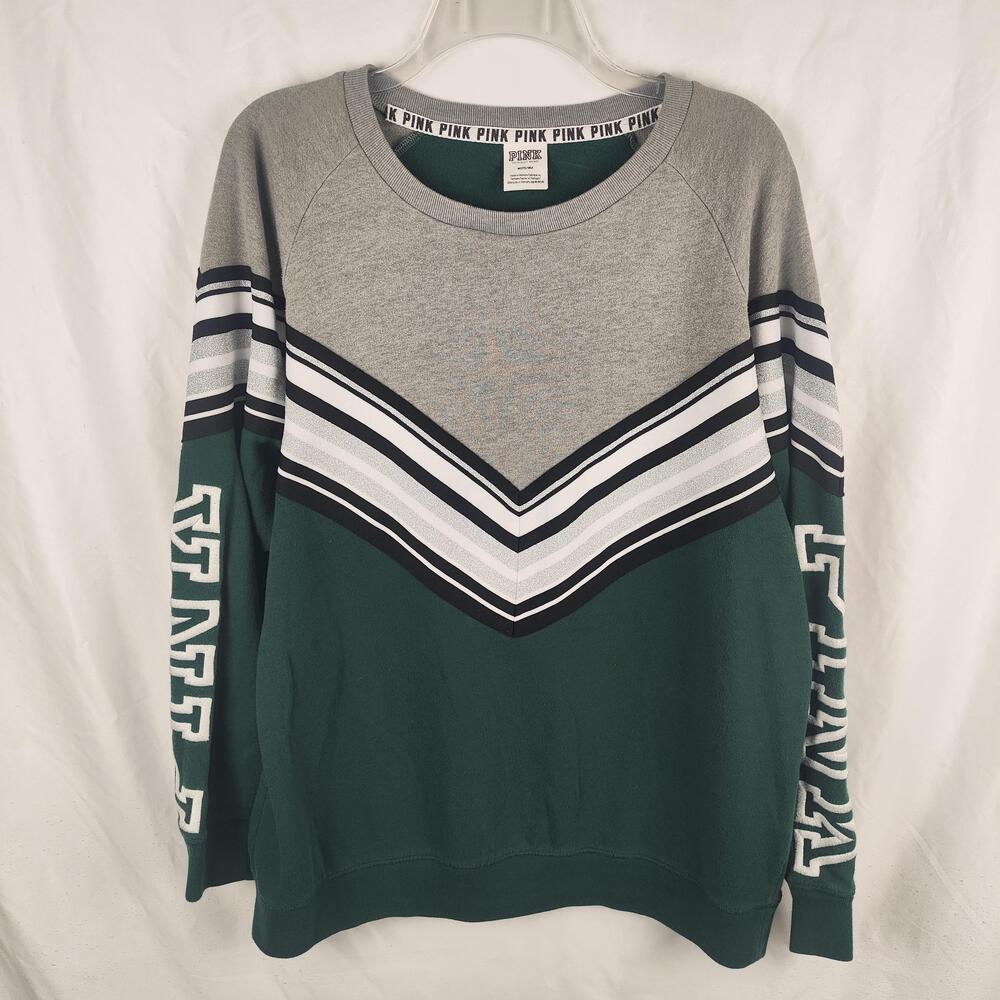 Victoria's Secret PINK Sweatshirt Womens Medium Green Gray Chevron Stripe Raglan